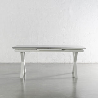 PALOMA MODERNA X LEG OUTDOOR GLASS EXTENSION DINING TABLE  |  WHITE ALUMINIUM  |  CLOSED AT 180CM