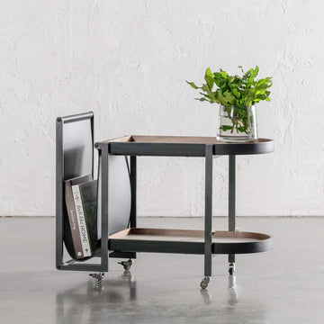 PANZANO DRINK TROLLEY WITH MAGAZINE HOLDER ON CASTERS  |  IVORY LATTE + BLACK LEATHER