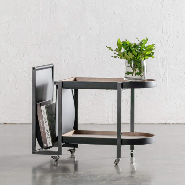 PANZANO DRINK TROLLEY WITH MAGAZINE HOLDER ON CASTERS  |  IVORY LATTE + BLACK LEATHER
