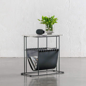 PANZANO MAGAZINE HOLDER + SIDE TABLE  |  BLACK NOIR LEATHER + MARBLE