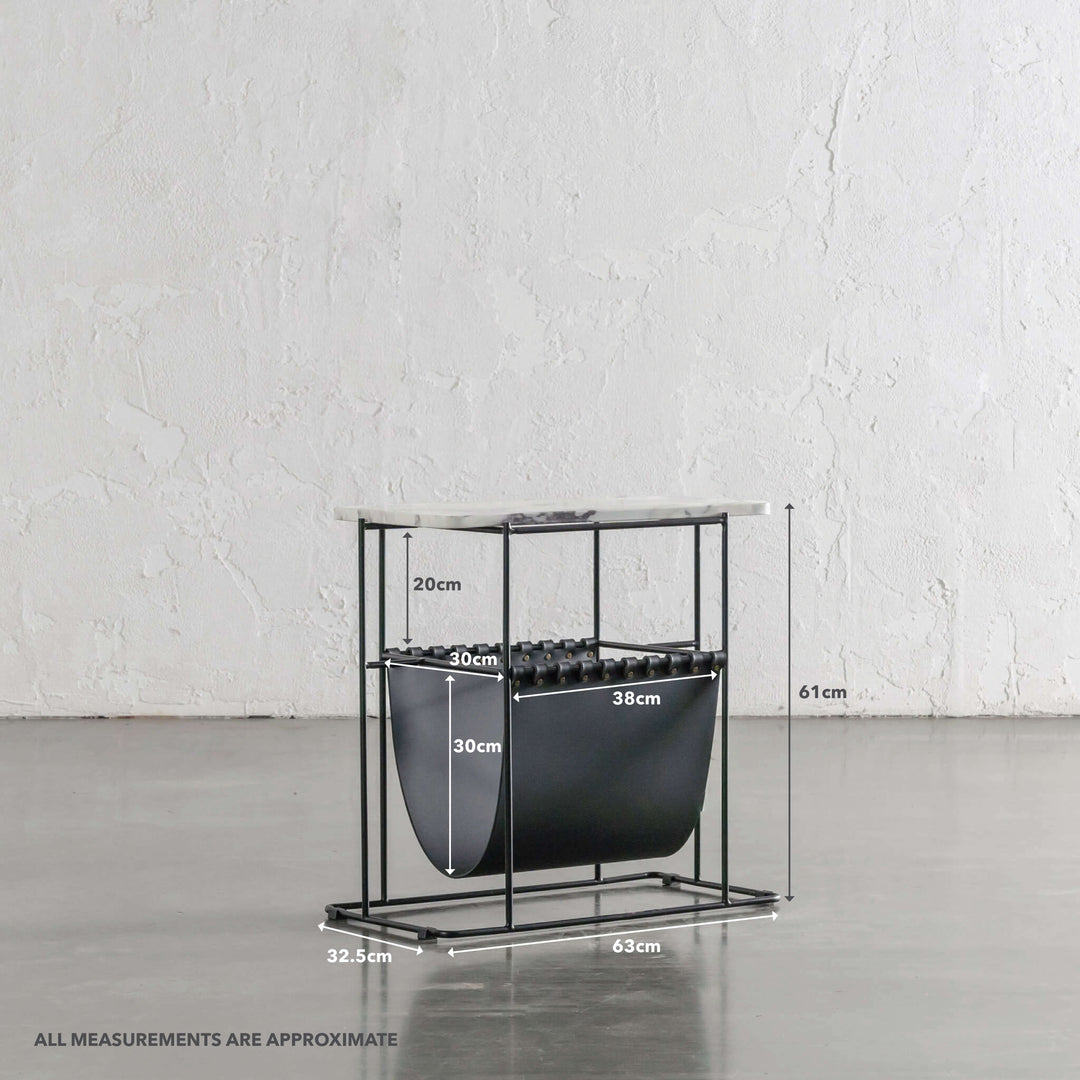 PANZANO MAGAZINE HOLDER + SIDE TABLE | BLACK NOIR LEATHER + MARBLE