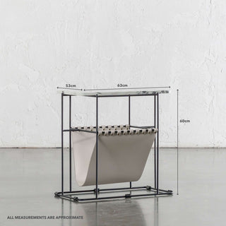 PANZANO MAGAZINE HOLDER + SIDE TABLE  |  IVORY LATTE LEATHER + MARBLE | MEASUREMENTS