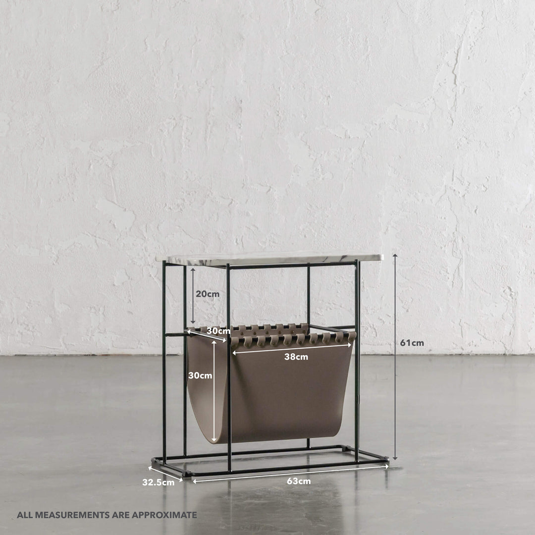 PANZANO MAGAZINE HOLDER + SIDE TABLE  |  KHAKI STONE LEATHER + MARBLE