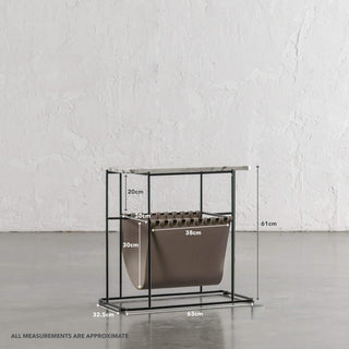 PANZANO MAGAZINE HOLDER + SIDE TABLE  |  KHAKI STONE LEATHER + MARBLE
