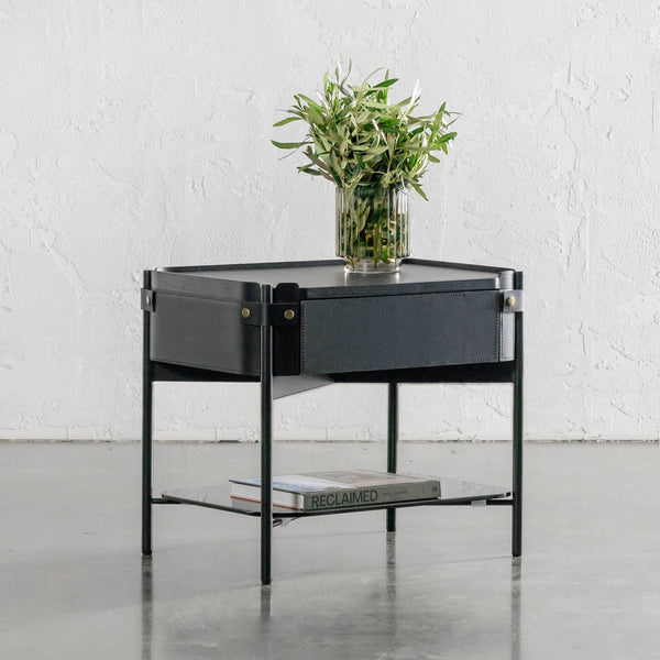 PANZANO NIGHTSTAND WITH DRAWER  |  BLACK NOIR LEATHER