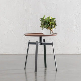 PANZANO ROUND 4 PILLAR SIDE TABLE  |  HAVANA TAN LEATHER