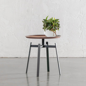 PANZANO ROUND 4 PILLAR SIDE TABLE  |  HAVANA TAN LEATHER