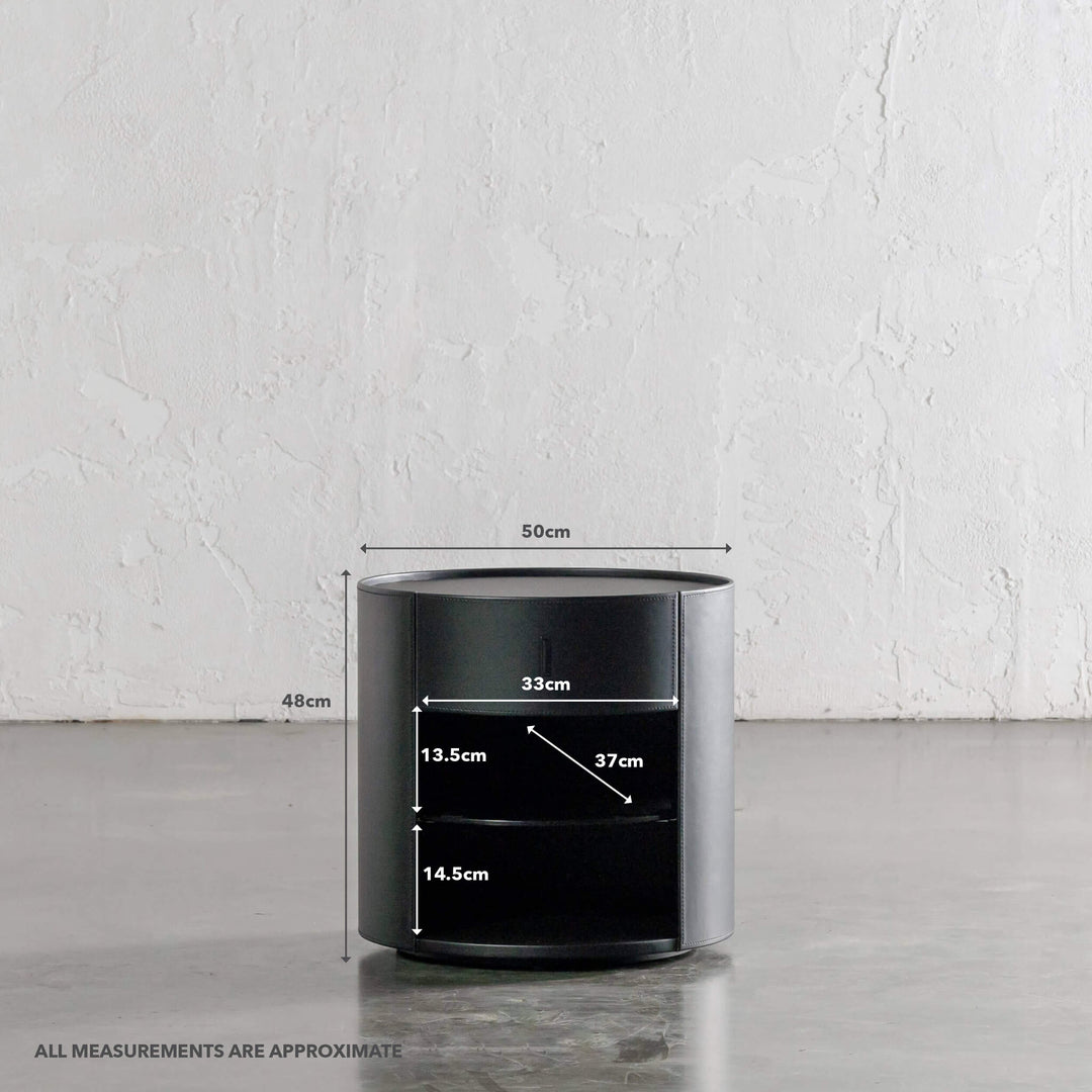 PANZANO ROUND BEDSIDE WITH DRAWER  |  BLACK NOIR LEATHER | MEASUREMENTS