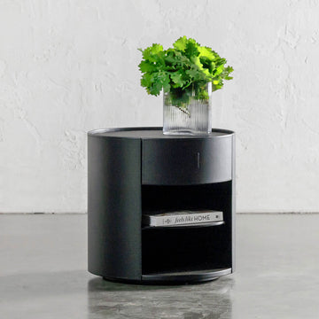 PANZANO ROUND BEDSIDE WITH DRAWER  |  BLACK NOIR LEATHER