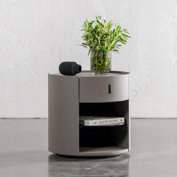 PANZANO ROUND BEDSIDE WITH DRAWER  |  DEEP ASHEN LEATHER