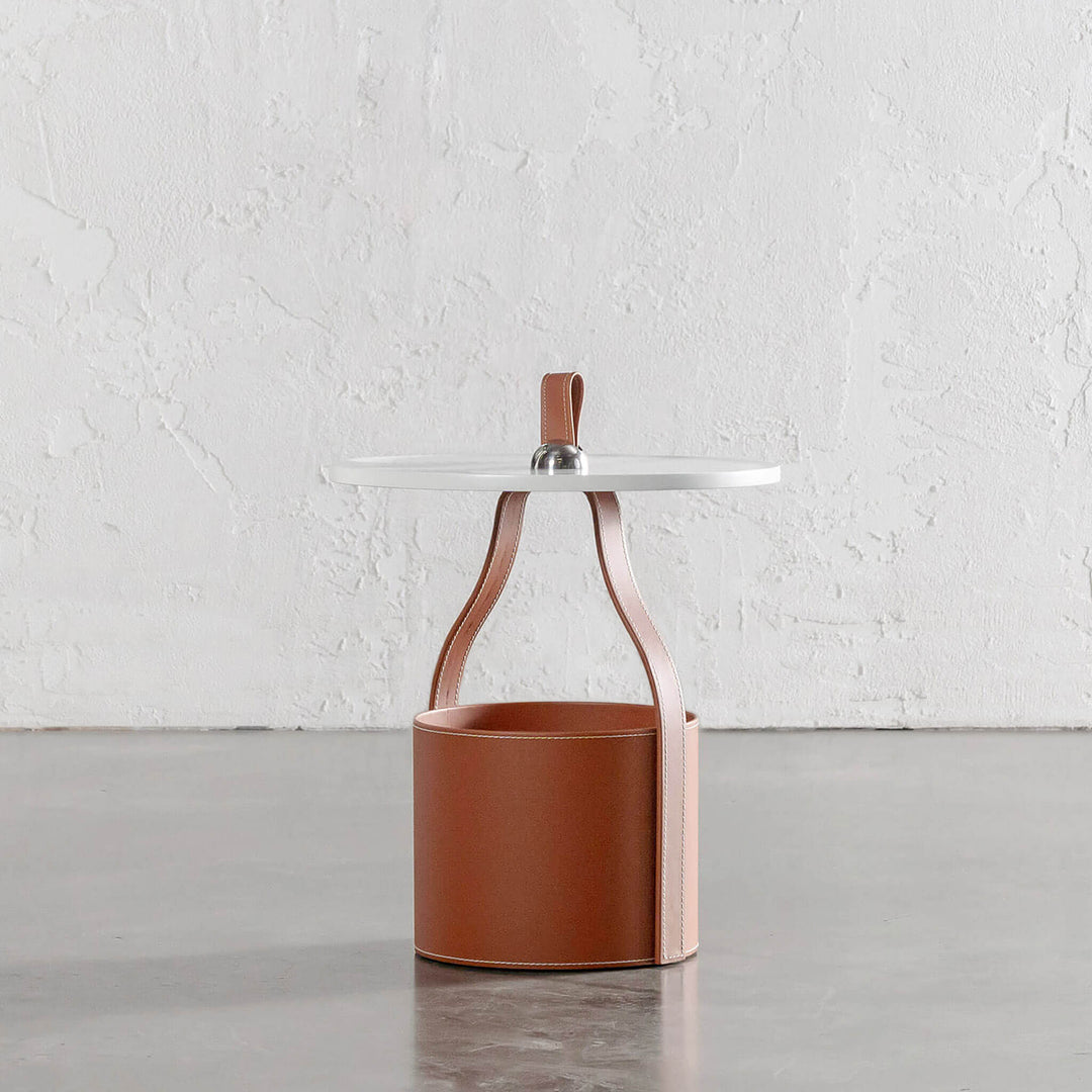 PANZANO TIERED SIDE STORAGE TABLE  |  HAVANA TAN LEATHER