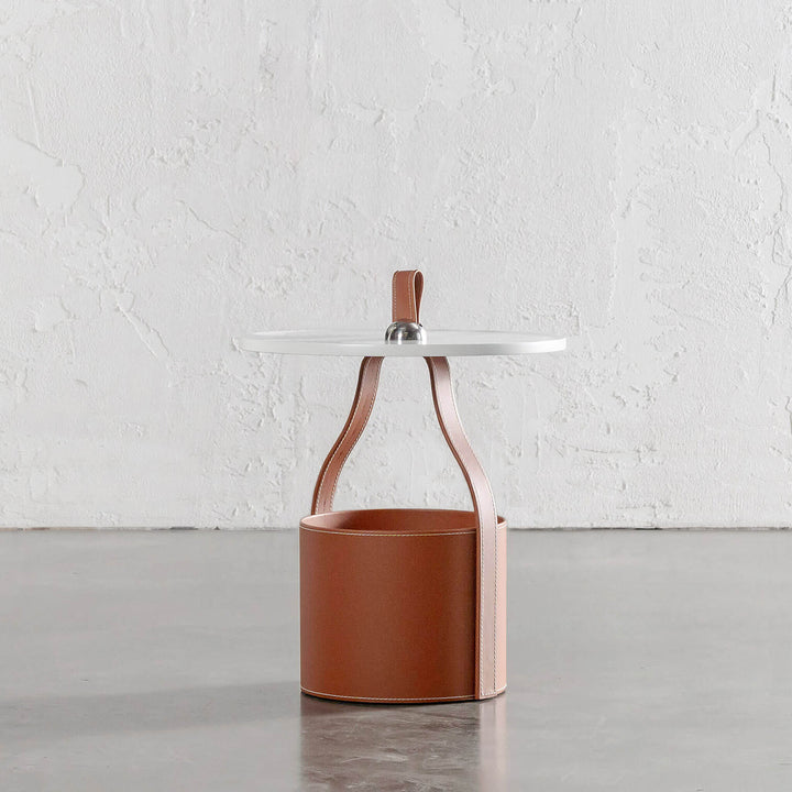 PANZANO TIERED SIDE STORAGE TABLE  |  HAVANA TAN LEATHER