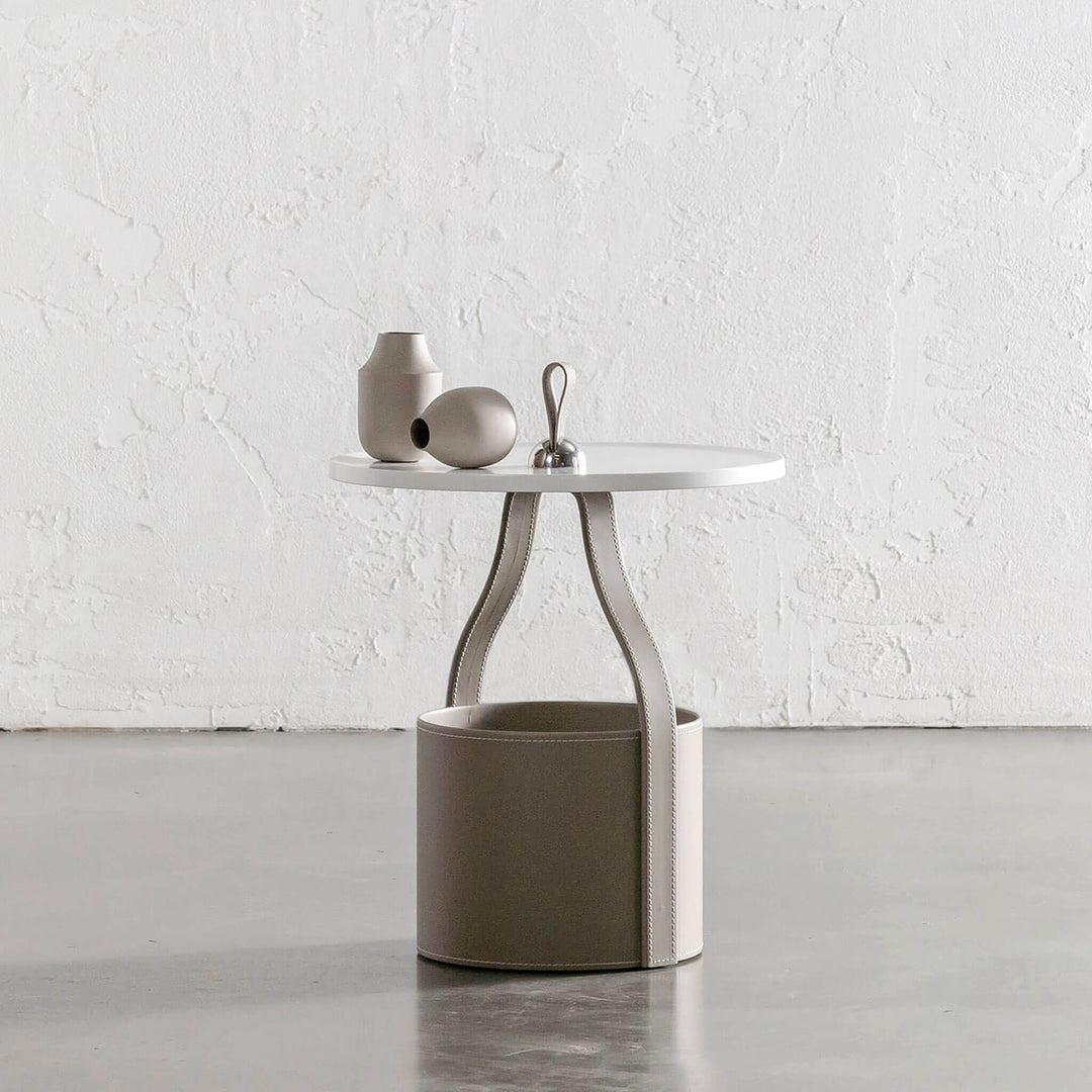 PANZANO TIERED SIDE STORAGE TABLE  |  KHAKI STONE LEATHER