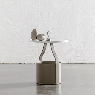 PANZANO TIERED SIDE STORAGE TABLE  |  KHAKI STONE LEATHER