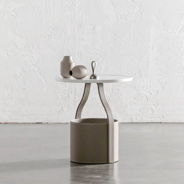 PANZANO TIERED SIDE STORAGE TABLE  |  KHAKI STONE LEATHER