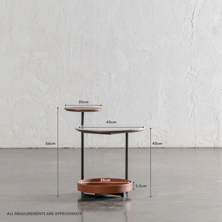 PANZANO TWO TIER SIDE TABLE | HAVANA TAN LEATHER + STONE | MEASUREMENTS