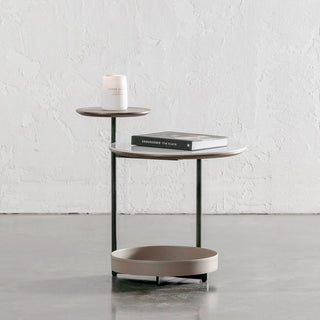 PANZANO TWO TIER SIDE TABLE  |  KHAKI STONE LEATHER + STONE