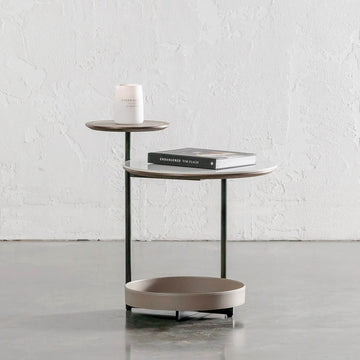PANZANO TWO TIER SIDE TABLE  |  KHAKI STONE LEATHER + STONE
