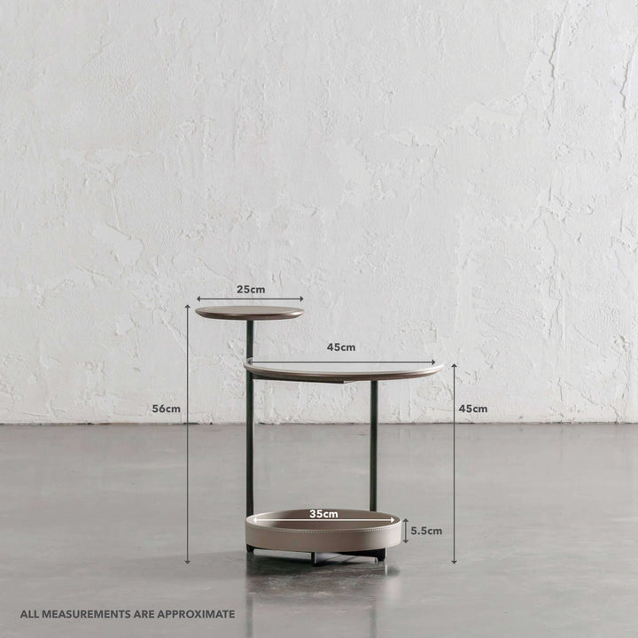 PANZANO TWO TIER SIDE TABLE | KHAKI STONE LEATHER + STONE | MEASUREMENTS