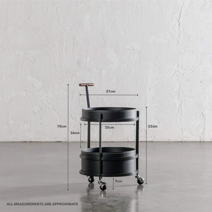 PANZANO TWO TIER STORAGE TROLLEY WITH CASTERS  |  BLACK NOIR LEATHER | MEASUREMENTS