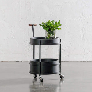 PANZANO TWO TIER STORAGE TROLLEY WITH CASTERS  |  BLACK NOIR LEATHER