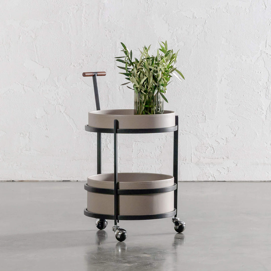 PANZANO TWO TIER STORAGE TROLLEY WITH CASTERS  |  KHAKI STONE LEATHER