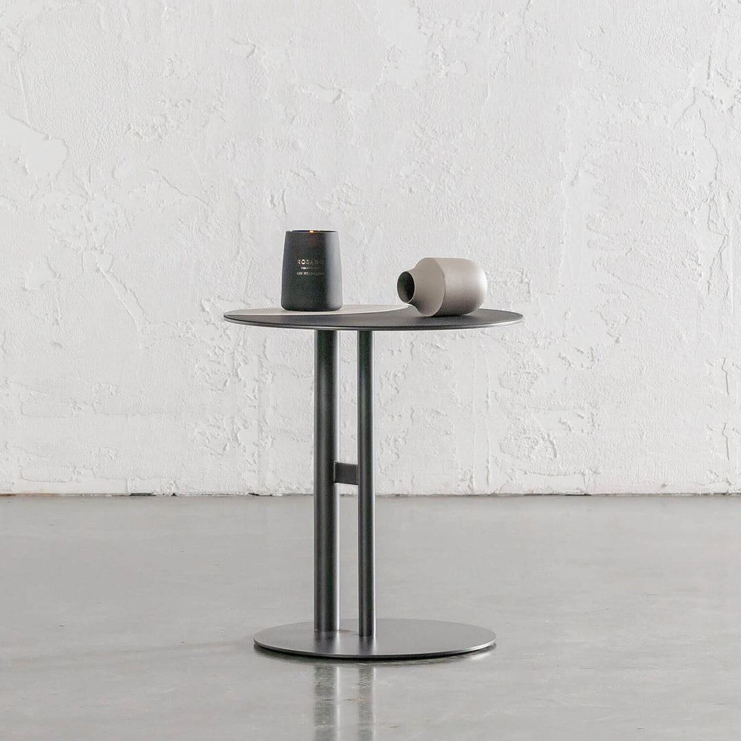 PANZANO TWO TONED ROUND SIDE TABLE  |  IVORY LATTE + BLACK LEATHER