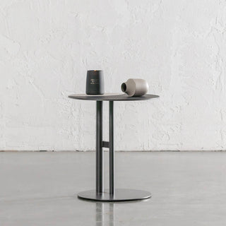 PANZANO TWO TONED ROUND SIDE TABLE  |  IVORY LATTE + BLACK LEATHER