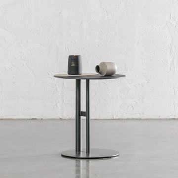 PANZANO TWO TONED ROUND SIDE TABLE  |  IVORY LATTE + BLACK LEATHER