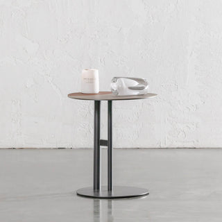 PANZANO TWO TONED ROUND SIDE TABLE  |  KHAKI STONE + HAVANA TAN LEATHER