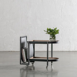 PANZANO DRINK TROLLEY WITH MAGAZINE HOLDER ON CASTORS  |  IVORY LATTE + BLACK LEATHER