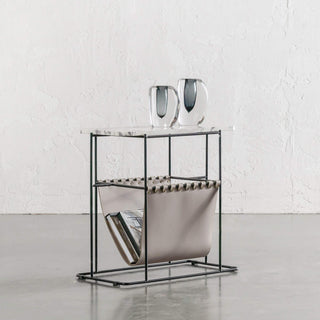 PANZANO MAGAZINE HOLDER + SIDE TABLE  |  KHAKI STONE LEATHER + MARBLE