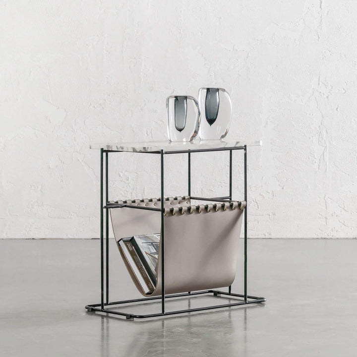 PANZANO MAGAZINE HOLDER + SIDE TABLE  |  KHAKI STONE LEATHER + MARBLE