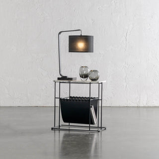 PANZANO MAGAZINE HOLDER + SIDE TABLE  |  BLACK NOIR LEATHER