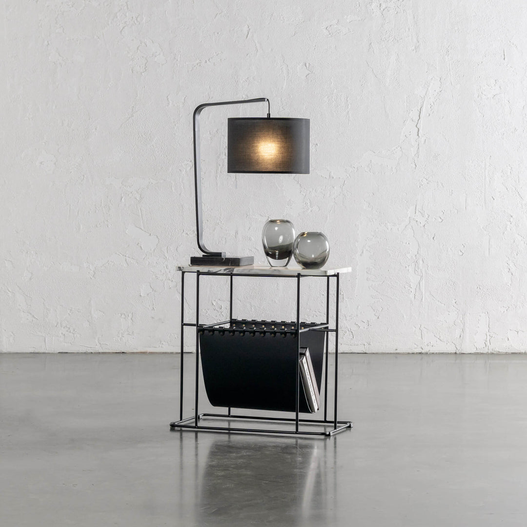 ARC NINETY SQUARE TABLE LAMP  |  BLACK + BLACK MARBLE BASE