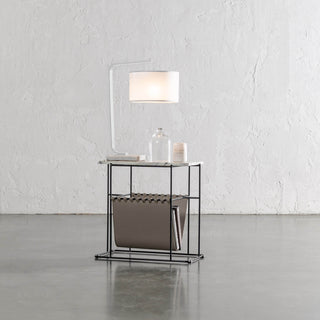 PANZANO MAGAZINE HOLDER + SIDE TABLE  |  KHAKI STONE LEATHER