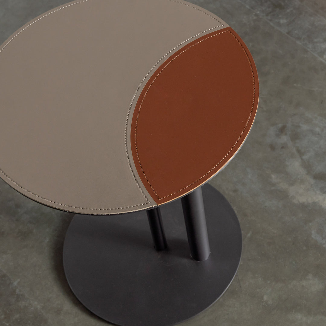 PANZANO TWO TONED ROUND SIDE TABLE  |  KHAKI STONE + HAVANA TAN LEATHER