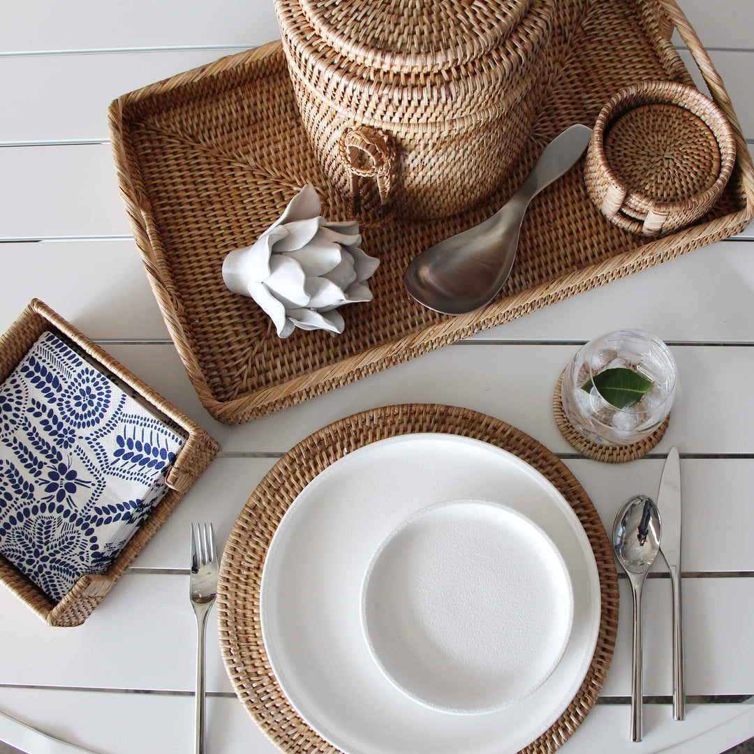 PAUME RATTAN CUTLERY CADDY + NAPKIN BOX BUNDLE  |  NATURAL RATTAN