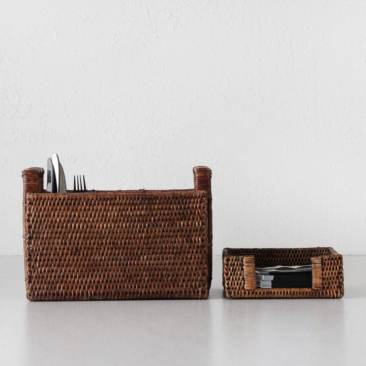 PAUME RATTAN CUTLERY CADDY + NAPKIN BOX BUNDLE | ANTIQUE BROWN