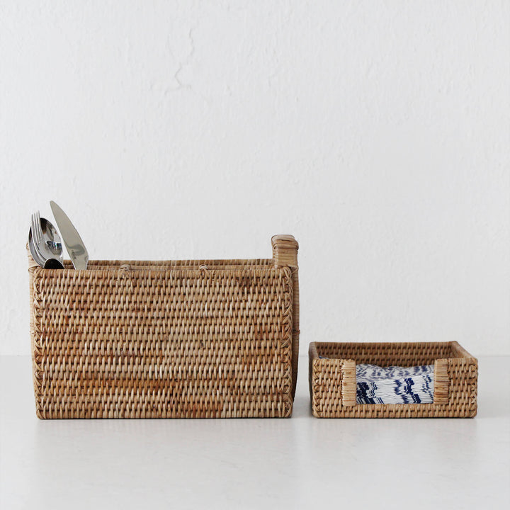 PAUME RATTAN CUTLERY CADDY + NAPKIN BOX BUNDLE | NATURAL RATTAN