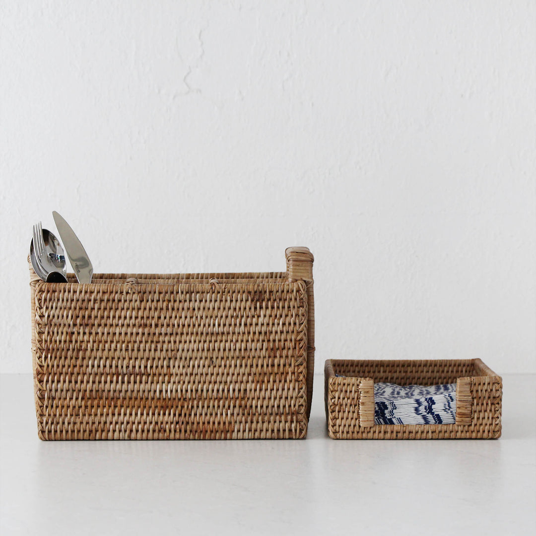 PAUME RATTAN CUTLERY CADDY + NAPKIN BOX BUNDLE  |  NATURAL RATTAN - styled