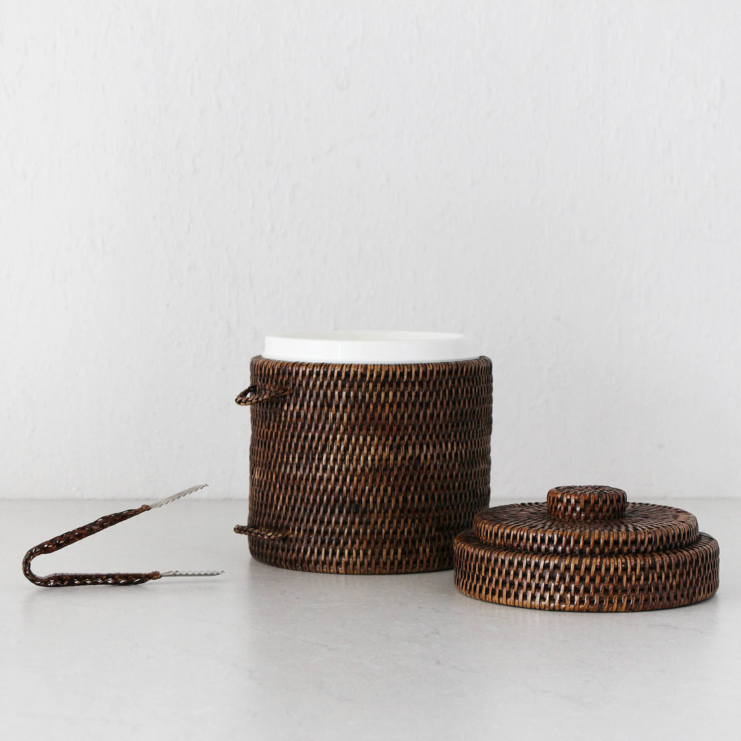 PAUME RATTAN ICE BUCKET + TONGS  |  ANTIQUE BROWN