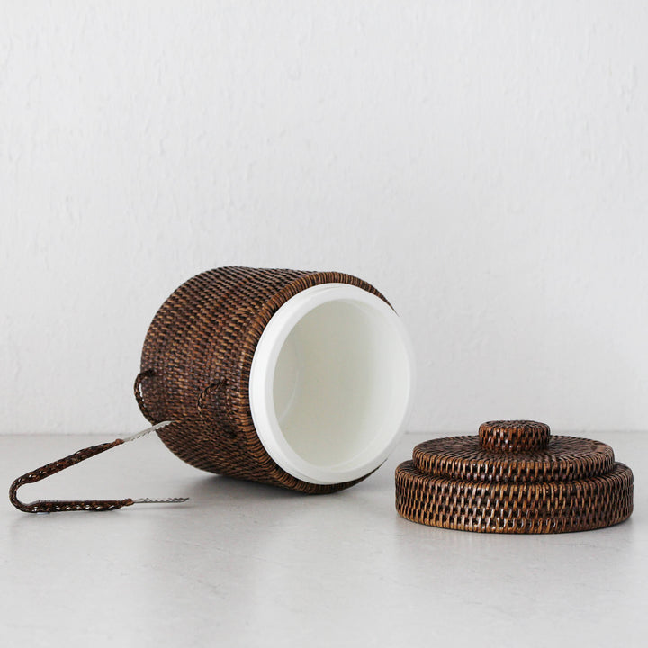 PAUME RATTAN ICE BUCKET + TONGS  |  ANTIQUE BROWN