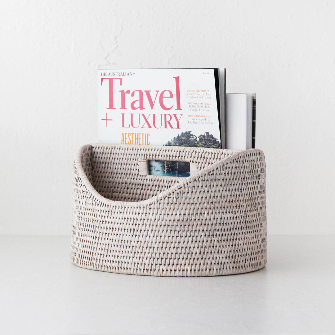 PAUME RATTAN MAGAZINE HOLDER  |  WHITE WASH RATTAN