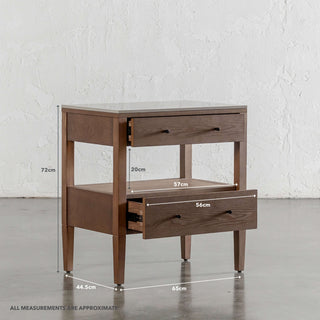 PERNEL CONRAD NIGHT STAND  |  DEEP WALNUT  |  VALENTINA GRIGIO CERAMICA TOP | MEASUREMENTS