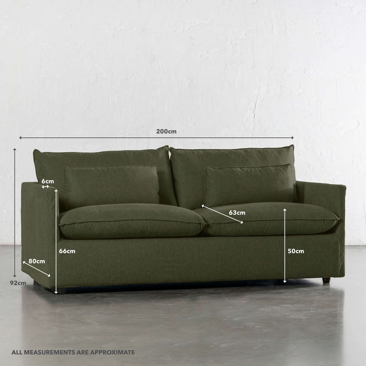PILOTI BREMAN SLIP COVER SOFA BED  |  3.5 SEATER  |  CYPRESS VINE GREEN | MEASUREMENTS