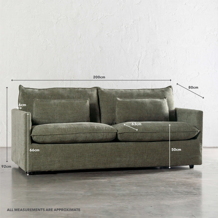 PILOTI BREMAN SLIP COVER SOFA BED  |  3.5 SEATER  |  CYPRESS VINE GREEN | MEASUREMENTS