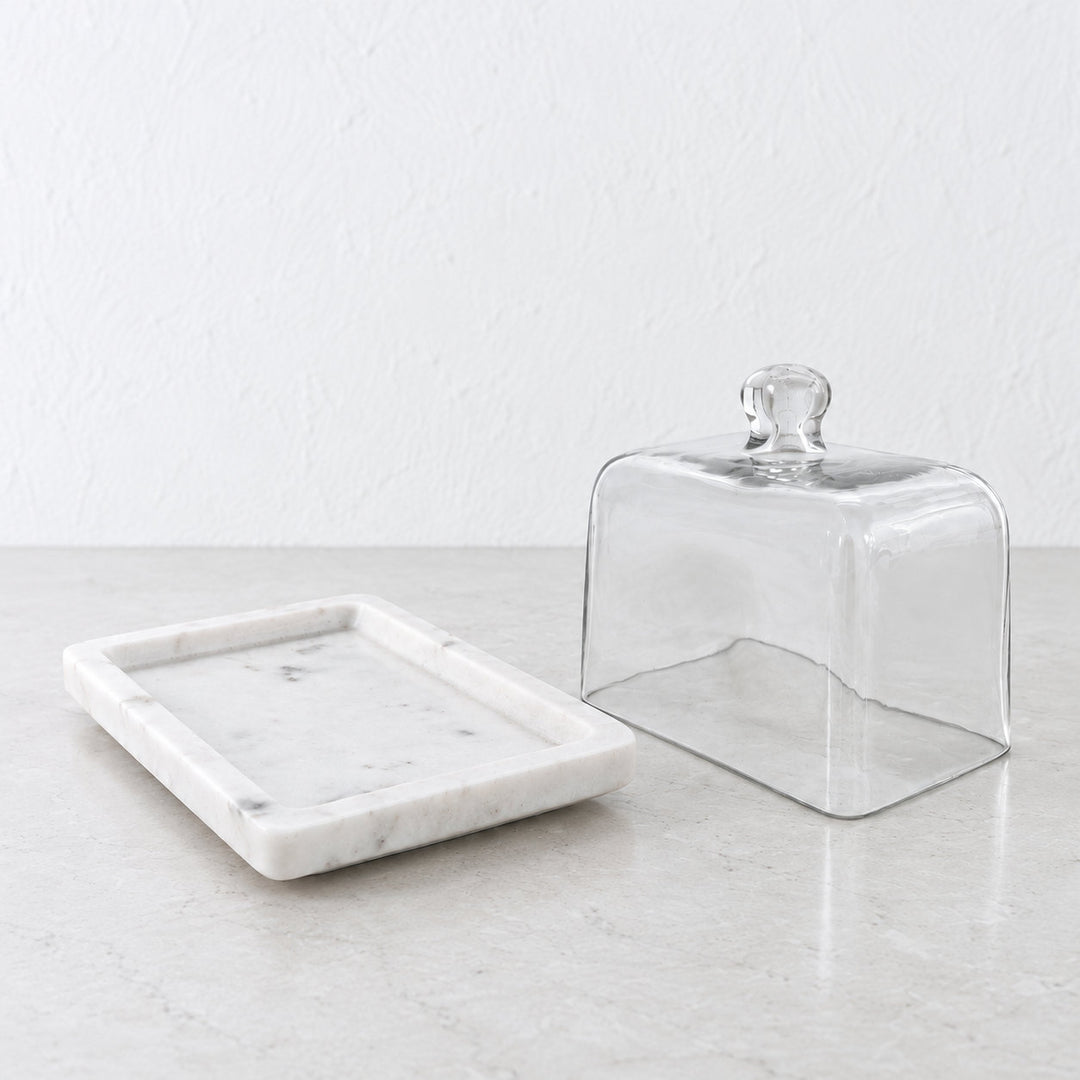 PISANI RECTANGLE BUTTER DISH  |  GLASS CLOCHE + WHITE MARBLE