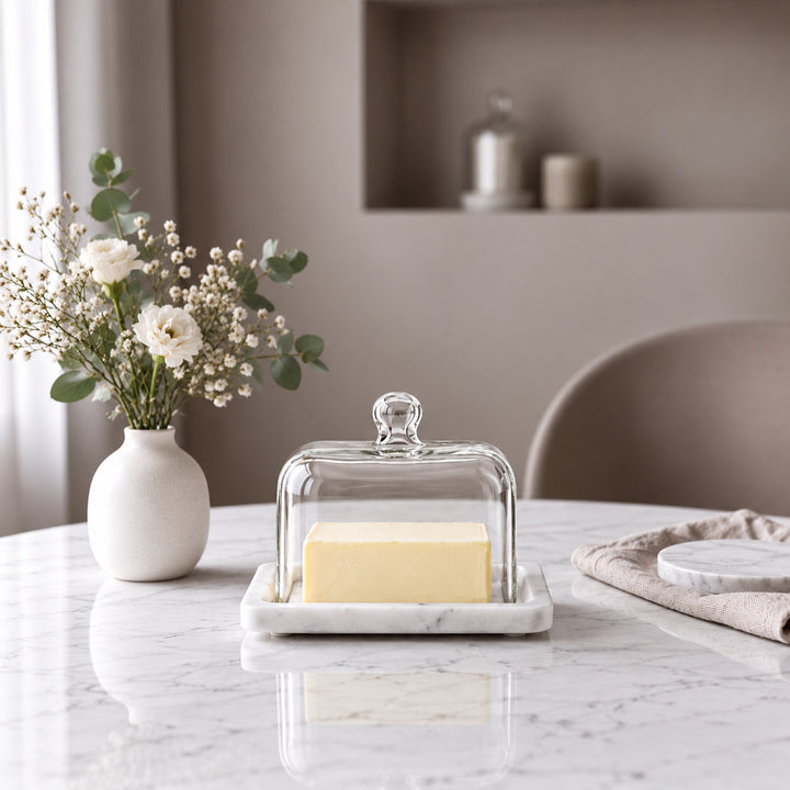 PISANI RECTANGLE BUTTER DISH  |  GLASS CLOCHE + WHITE MARBLE