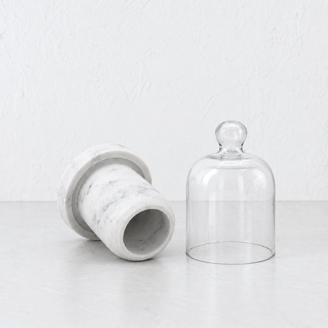PISANI ROUND BUTTER DISH  |  GLASS CLOCHE + WHITE MARBLE